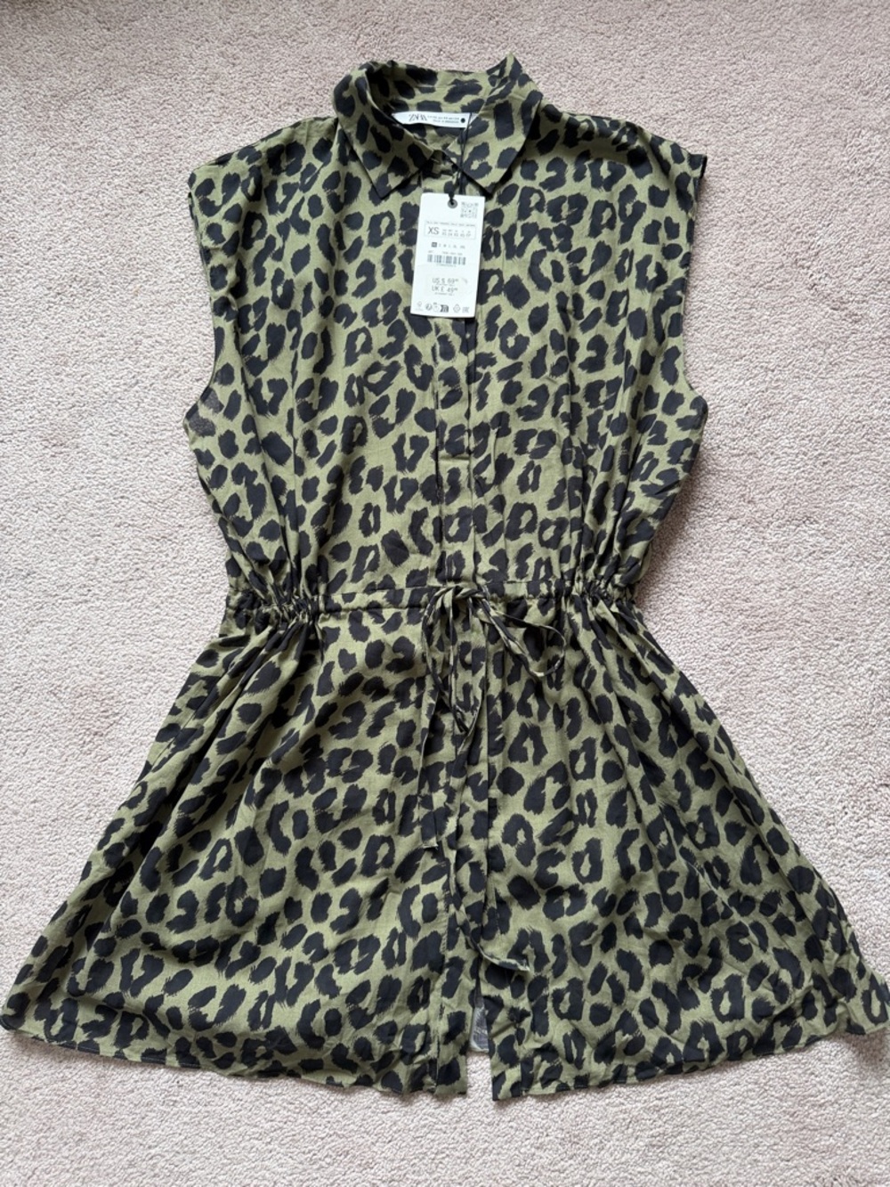Zara Olive and Black Leopard Print Sleeveless Shirt Dress